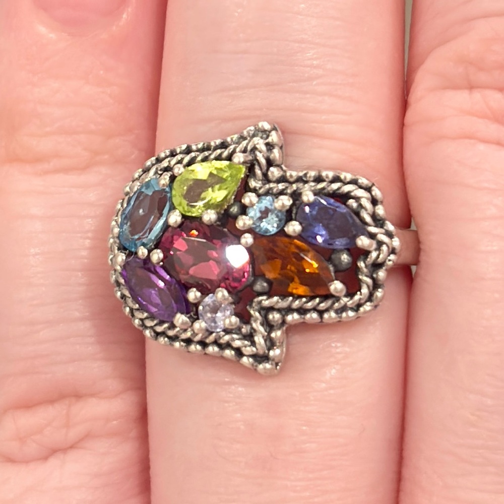 Vintage Silver Hamsa Gemstone Ring, Milgrain Sterling, Rainbow Gem, Size 6.25